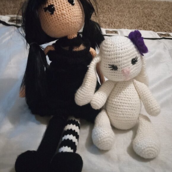 Two handmade crochet-doll and whte poddle w/purple flwr blk outfit pnk complxion - Picture 1 of 8